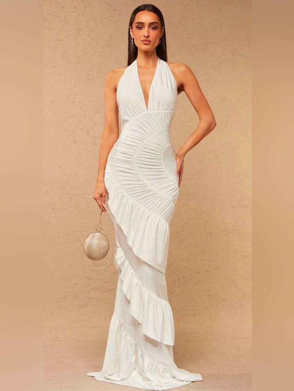 Asymmetric One-Shoulder White Ruffled Maxi Dress - Picture 1 of 5